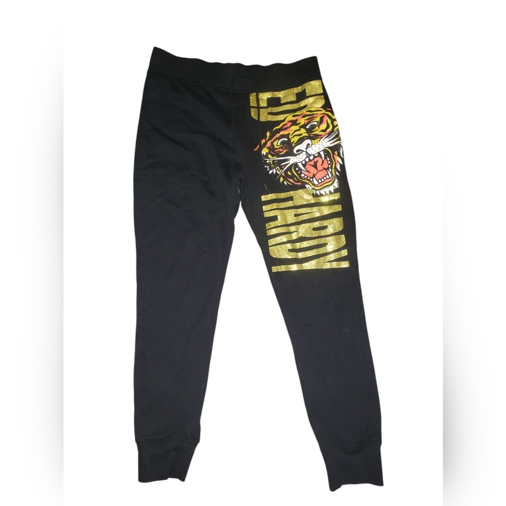 Y2K Ed Hardy Black Jogger Pants with Tiger and Gold Logo